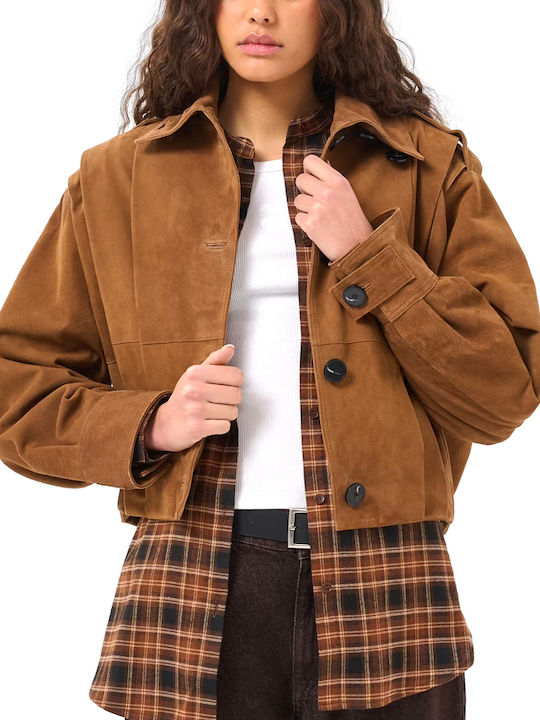 My Essential Wardrobe Women's Suede Biker Jacket Brown