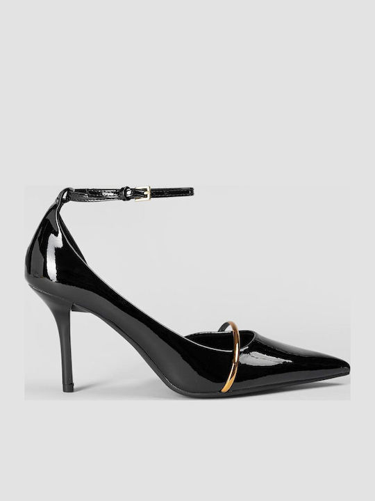Spitze Zehe Pumps aus Lackleder mit Absatzstiletto & Riemchen Schwarz