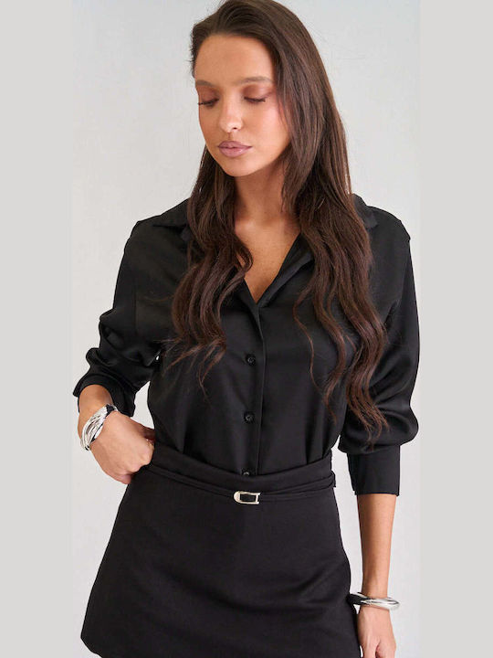 Decoro Long Sleeve Women's Satin Shirt Black
