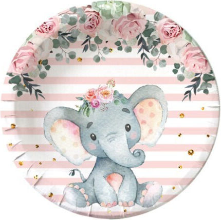 Set 10 Disposable Plates Flippy Elephant Print Cardboard 22 Cm Pink