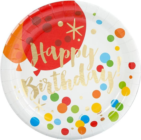 Set 10 Disposable Plates Flippy Happy Birthday Polka Dot Print Cardboard 18 Cm Diameter Multicolor
