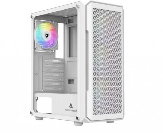 AlphaGear Runesmith Weißes Gaming Midi-Turm Computergehäuse mit Seitenfenster und ARGB-Beleuchtung