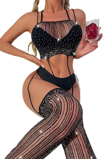 Body Stocking Όψη Ζαρτιέρας Κάθετες Ρίγες Λαμπερές Λεπτομέρειες