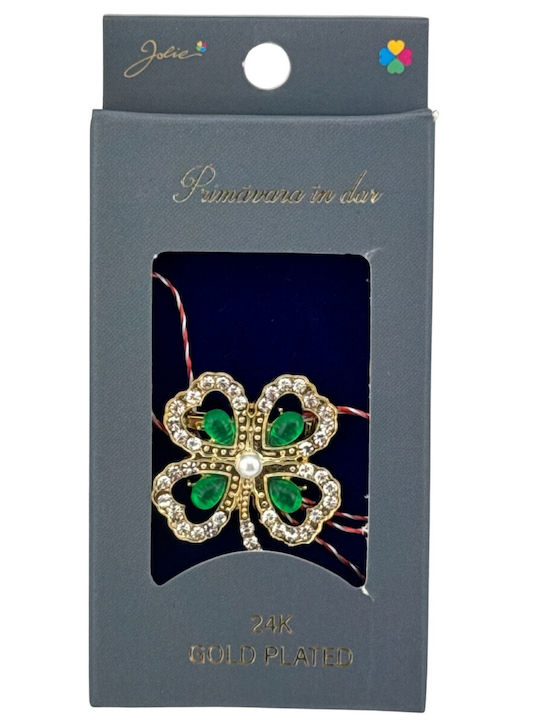 Martisor Placat Cu Aur 24k Brosa Jolie Marime 2-3 Cm Model Trifoi Pietre Verzi
