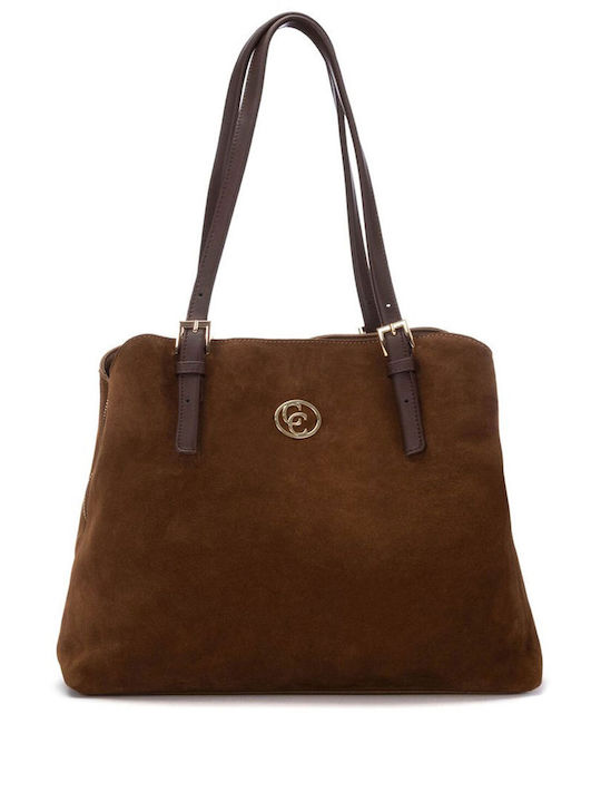 Damen-Schultertasche Aus Leder Suede Camel