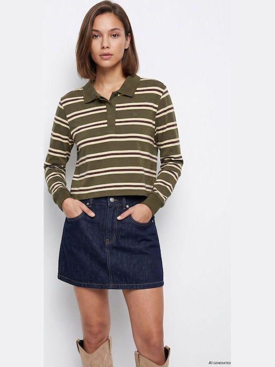 Damen Crop Top Baumwollgestreift Grün