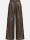 Women's Leather Pantaloons with Rubber Band in Loose Fit Brown
