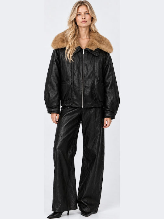 Leder Damenjacke Für Winter Schwarz 0056-0217003-Schwarz