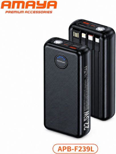 Amaya Apb-f239l Външна Батерия 20000mah 22.5w Вградени Кабели Led Фенер Черен