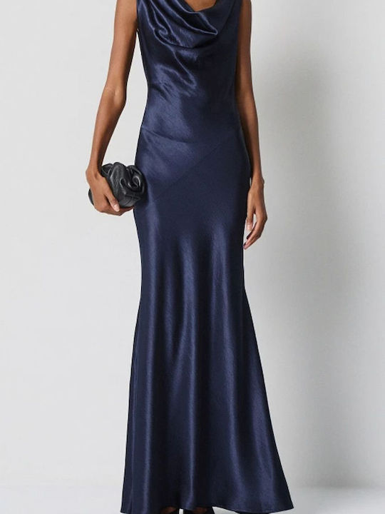 Rochie Maxi de Seara Satin Drapat Albastru Inchis
