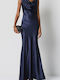 Rochie Maxi de Seara Satin Drapat Albastru Inchis