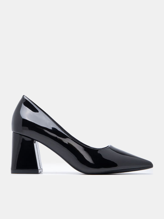 Spitze Zehe Pumps mit Chunky Mittlerem Absatz Schwarz