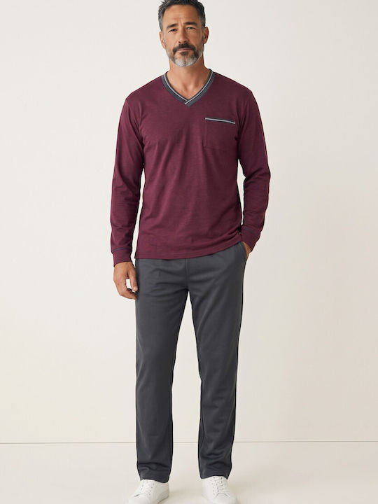 Men's Pyjama Collection Urban V-neck Fleece 65% Cotton Greek Made Burgundy Cl2715-62-Burgundy