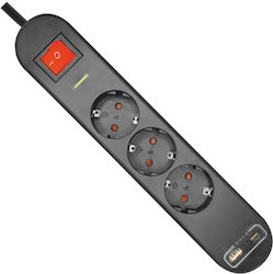 Safety Power Strip 3 Sockets with USB-A Switch and 1m Cable America (Type A)