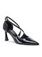 Leather Pointed Toe Heels with Strap Black