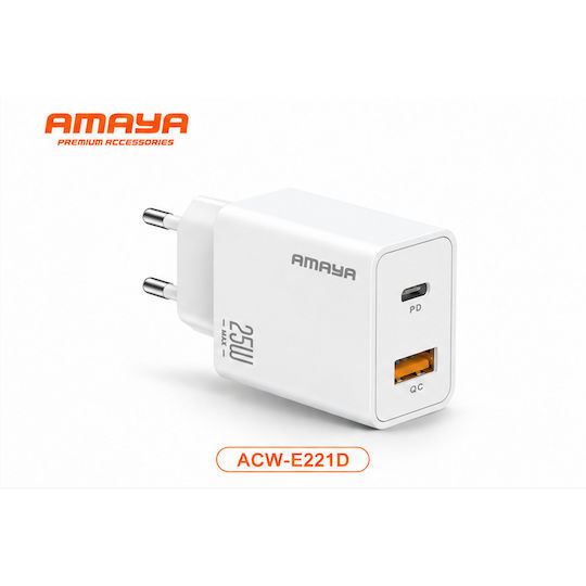 Amaya Зарядно Устройство Без Кабел с USB-A Изходен Порт и USB-C Изходен Порт 25W Power Delivery Бял (ACW-E221D)