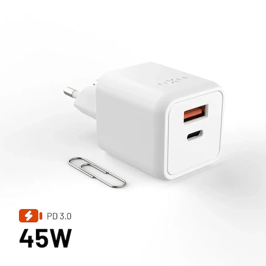 Fixed Încărcător Fără Cablu GaN cu Port USB-A și Port USB-C 45W Power Delivery Alb (Mini)