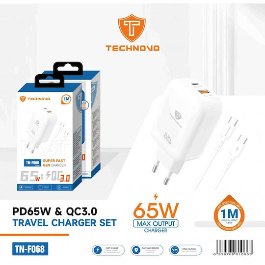 Technovo GaN Handyladegerät mit USB-A und USB-C Ausgangsanschlüsse und Kabel USB-C - USB-C 65W Weiß (TN-F068)