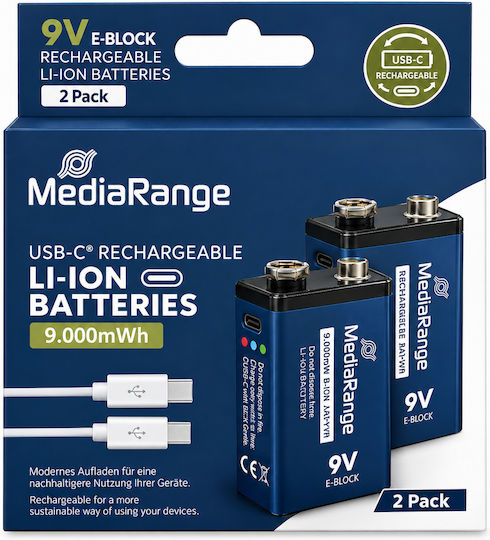 Mediarange Rechargeable Usb-c Li-ion Batteries E-block I 9v I 3060mwh I 340mah 2-pack