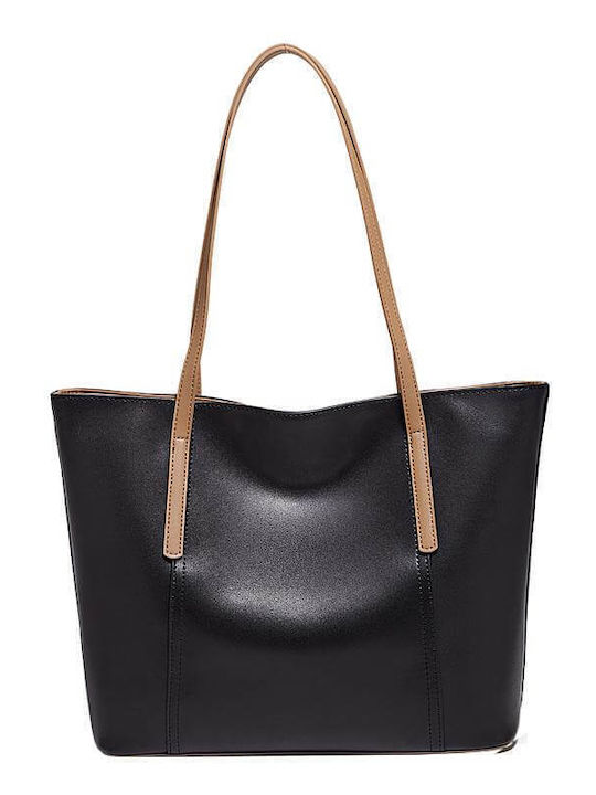 Set Aus Leder Damen Shopper Tasche Schwarz