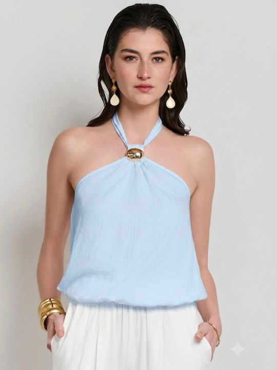 Women's Sleeveless Blouse with Neck Tie Light Blue
