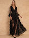 Maxi Βραδινό Φόρεμα με Δαντέλα & Βολάν Black FW27-5073