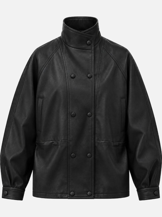 Eleh Leder Damenjacke für Winter Schwarz