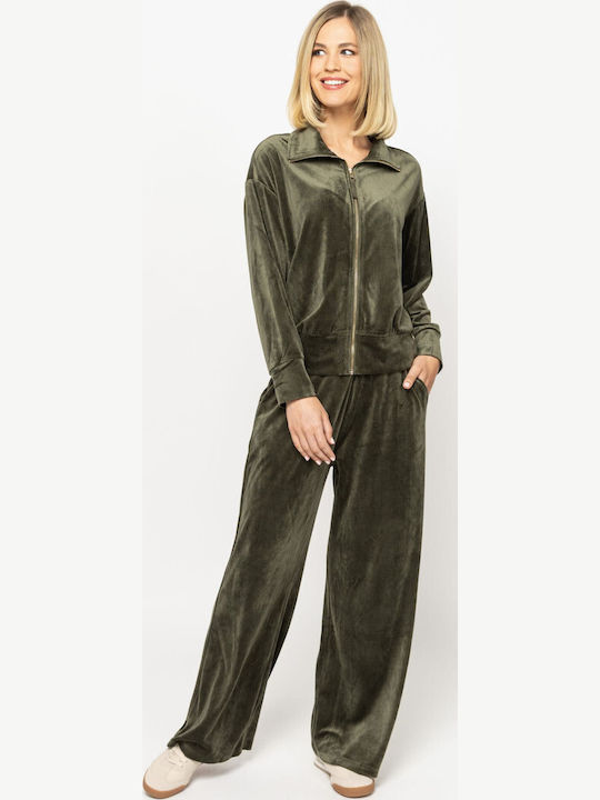 Pantaloni Dama Din Catifea Raiata Olive
