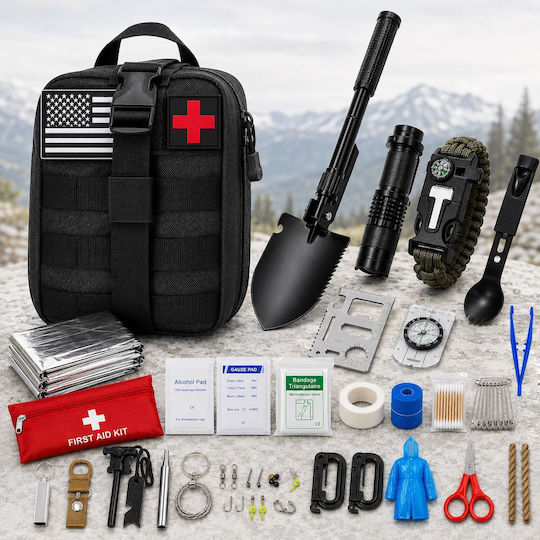 Linomag Kit Complet De Supraviețuire 30 Tipuri Accesorii Esențiale Kit De Camping De Urgență Lopată Tactică Pliabilă Lanternă Led Kit De Prim Ajutor Brățară Paracord Busolă Aprinzător De Foc Pătură Termică Neagră