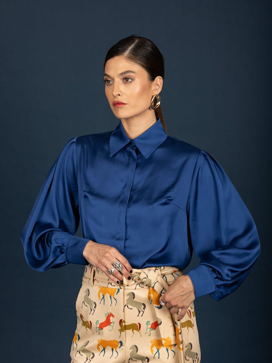 Long Sleeve Women's Satin Shirt Blue