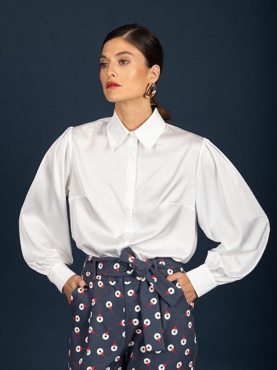Long Sleeve Women's Satin Shirt Ecru
