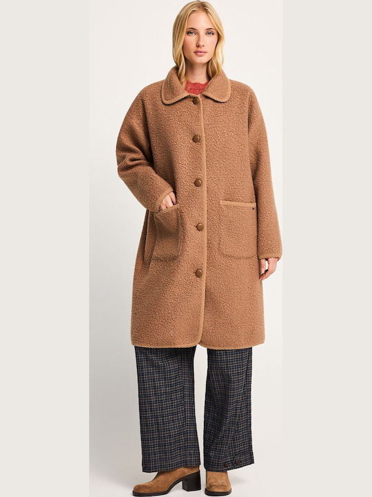 Funky Buddha Teddy Palton Femei Camel cu Nasturi