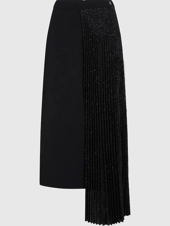 Plissierte Hohe Taille Midi Damenrock Schwarz