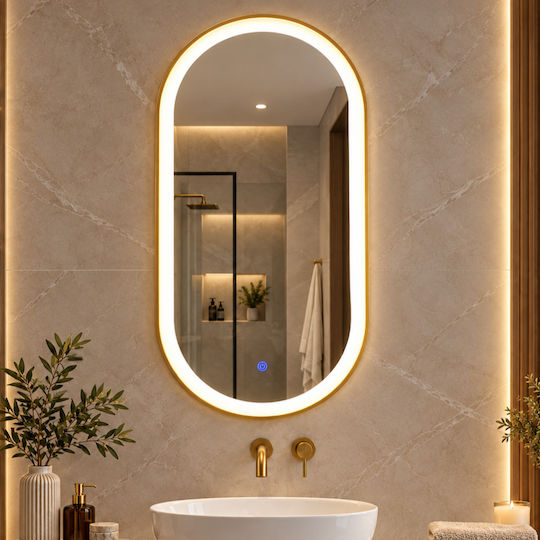 LED-Spiegel mit goldenem Rahmen und sandgestrahltem Glas 42x80cm