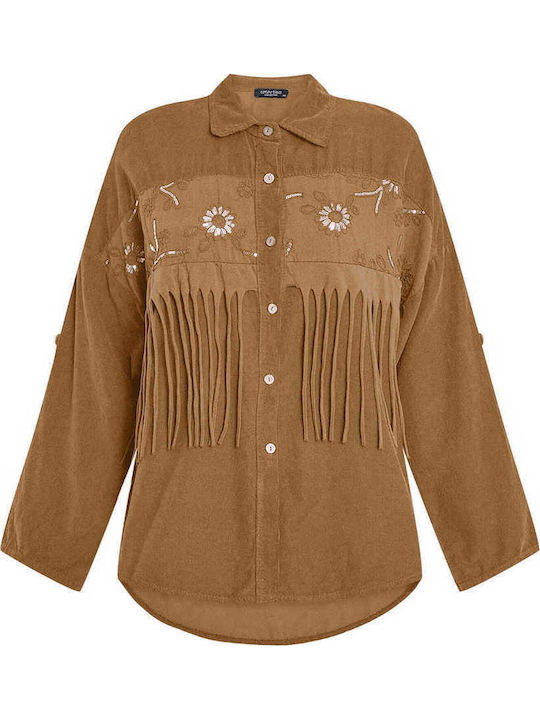 Celestino Women's Corduroy Shirt Fringes Camel