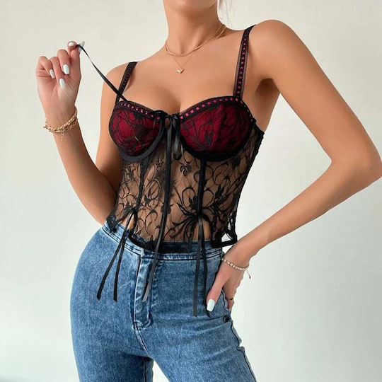 Corset Crop Top Negru din Dantelă Florală