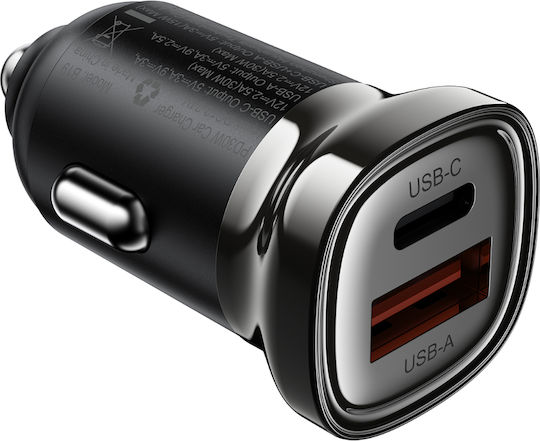Acefast Car Charger with Ports: 1xUSB-A 1xType-C Black Colour