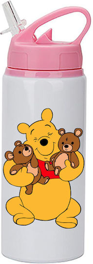 Бутилка за вода Winnie Pooh 600 мл с бяла и розова капачка
