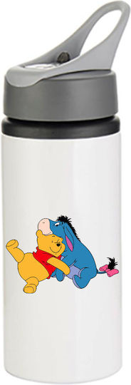 Trinkflasche Winnie Pooh 600 ml Weiß mit grauem Deckel