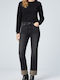 Graue Damenjeans mit hohem Bund und geradem Bein