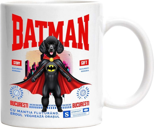 Pudel în Costum de Batman cu Pelerină, Erou Nocturn, Desen Animat, Copii, Iubitori de Animale Cană Ceramică Albă 330 ml (Personalizat)