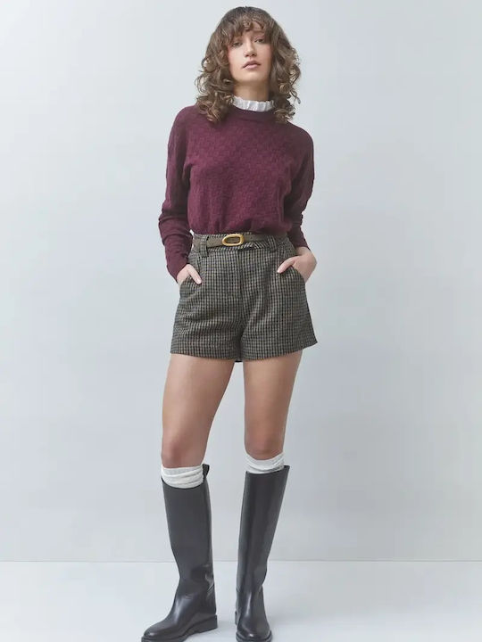 Women's Cotton Checked Burgundy Sweater