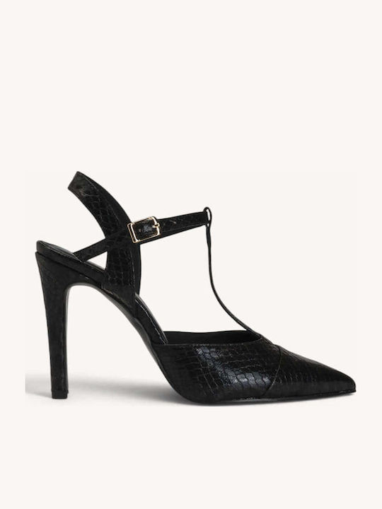 Schwarze Pumps mit Snake Print, T-Riemchen und ...
