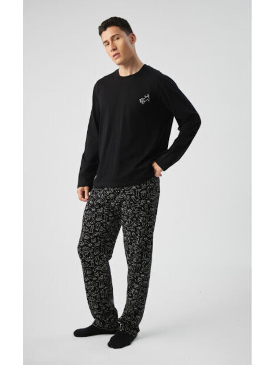 Minerva Winter Herrenpyjama aus Baumwolle Schwarz
