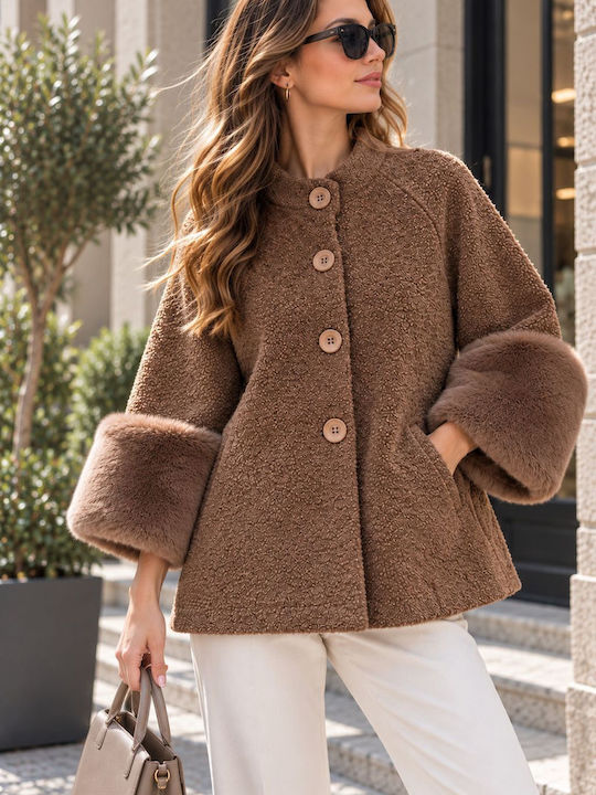 Damen-Halbmantel Braun Oversized mit Pelzdetails
