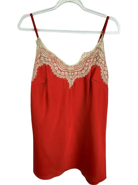 Topaki Women's Summer Satin Sleeveless Blouse with V-Neck Red Topaki Women's Summer Satin Sleeveless Blouse with V-Neck Red