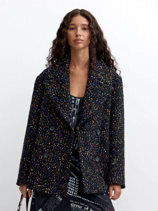 Damen-Wollmantel Black mit Knöpfen