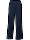 Women's Fabric Trousers with Elastic Waist in a Wide Leg Style Dark Blue