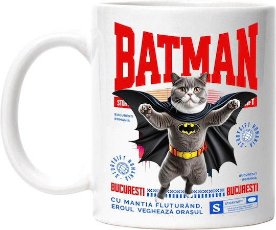Pisică Scottish Fold Într-un Costum de Batman Cu Pelerină, Erou Nocturn, Desen Animat, Copii, Iubitori de Animale Cană Ceramică Albă 330ml (Personalizată)