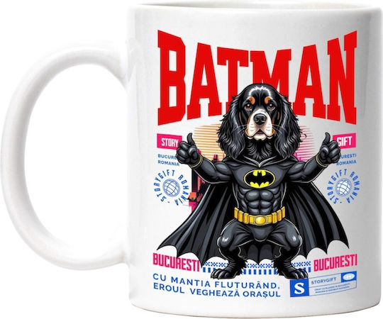 Cocker Spaniel / Cocker Spaniel Dog In A Batman Costume With Cape, Nighttime Hero, Cartoon, Kids, Animal Lovers Cană Ceramică Albă 330ml (Personalizată)